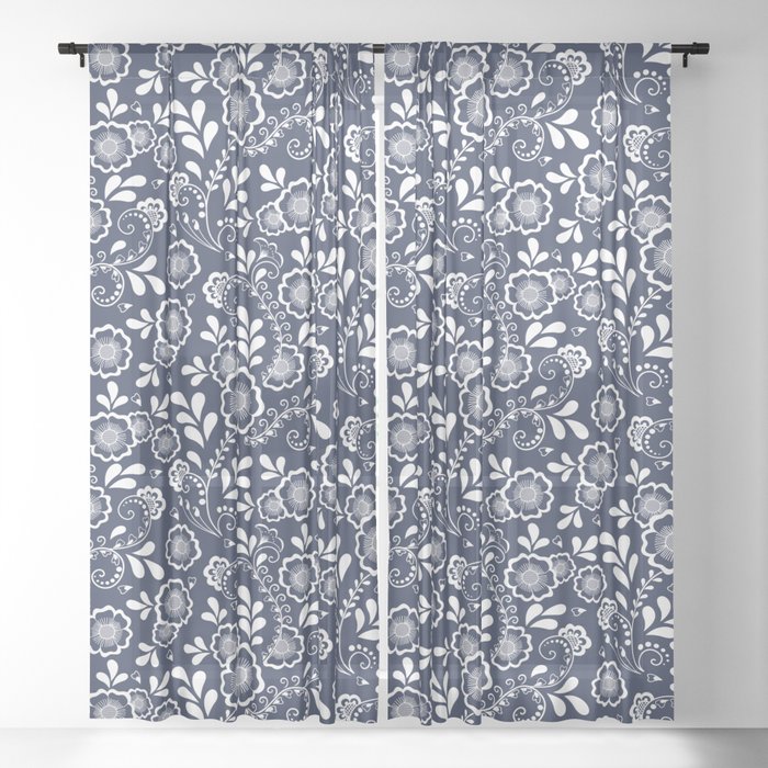 Navy Blue And White Eastern Floral Pattern Sheer Curtain