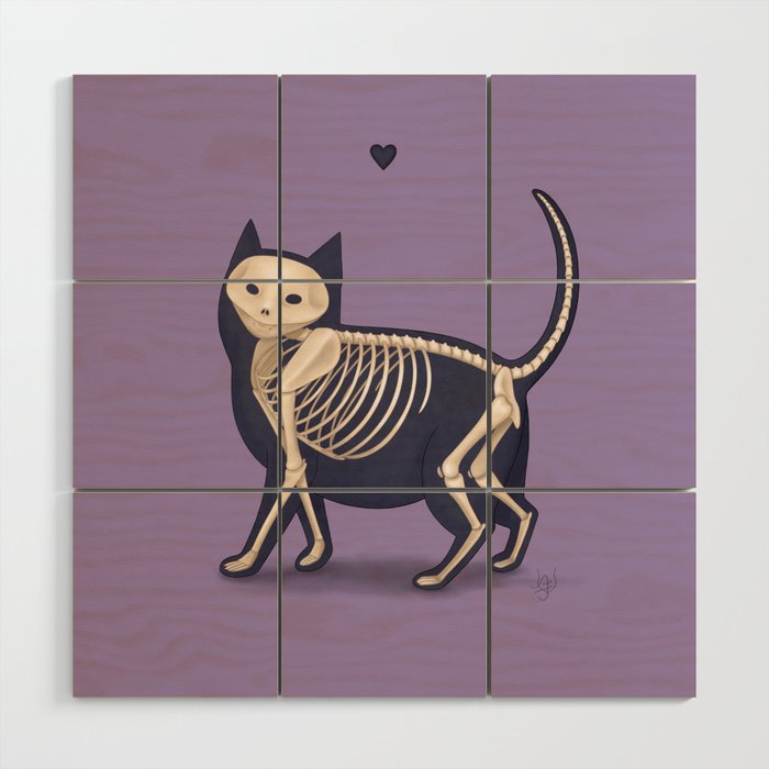 Skeleton Cat Purple Background Wood Wall Art