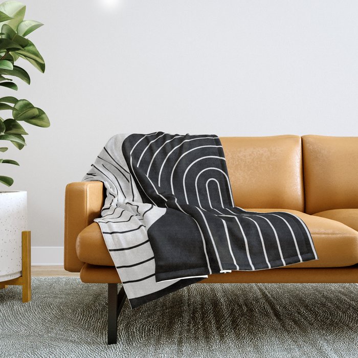 Two Tone Line Curvature VIII Black and White Modern Arch Abstract Throw Blanket