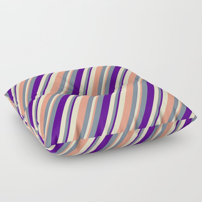 Slate Gray, Indigo, Bisque & Dark Salmon Colored Stripes/Lines Pattern Floor Pillow
