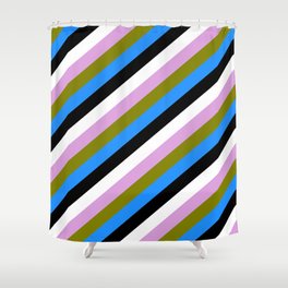 [ Thumbnail: Eye-catching Plum, Green, Blue, Black, and White Colored Stripes Pattern Shower Curtain ]