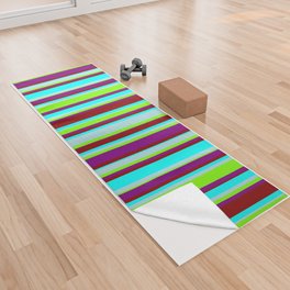 [ Thumbnail: Cyan, Powder Blue, Chartreuse, Purple & Dark Red Colored Lines/Stripes Pattern Yoga Towel ]