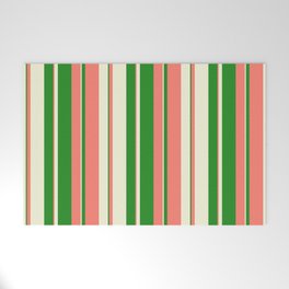 [ Thumbnail: Salmon, Forest Green & Beige Colored Lined Pattern Welcome Mat ]