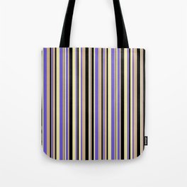 [ Thumbnail: Slate Blue, Pale Goldenrod, Black & Tan Colored Striped/Lined Pattern Tote Bag ]
