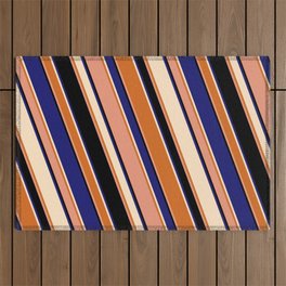[ Thumbnail: Eyecatching Bisque, Chocolate, Dark Salmon, Black & Midnight Blue Colored Stripes/Lines Pattern Outdoor Rug ]
