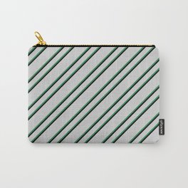 [ Thumbnail: Light Grey, Sea Green, and Black Colored Pattern of Stripes Carry-All Pouch ]