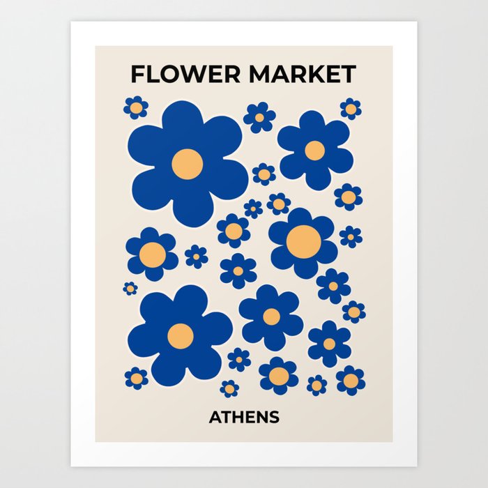 Flower Market Athens Blue Yellow Flowers Floral Art Retro Flower Pattern Mid Century Modern Decor Art Print