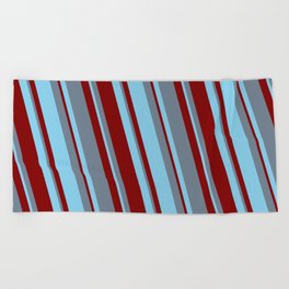[ Thumbnail: Slate Gray, Sky Blue & Maroon Colored Lined/Striped Pattern Beach Towel ]