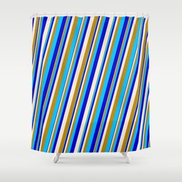 [ Thumbnail: Beige, Dark Goldenrod, Deep Sky Blue & Blue Colored Stripes Pattern Shower Curtain ]