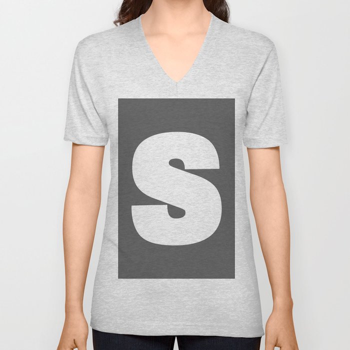 S (White & Grey Letter) V Neck T Shirt