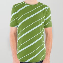 [ Thumbnail: Green & Light Cyan Colored Stripes/Lines Pattern All Over Graphic Tee ]