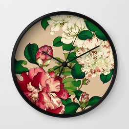 Vintage Japanese Camellias. Deep Pink on Beige Wall Clock