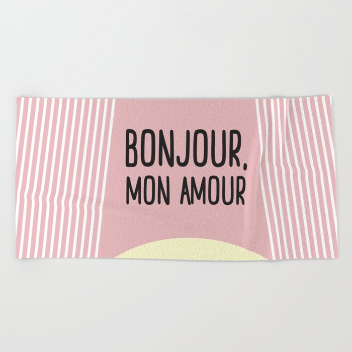 Bonjour Mon Amour Pink Babygirl Nursery Childrensroom Baby Babyshower Illustration Gift Beach Towel