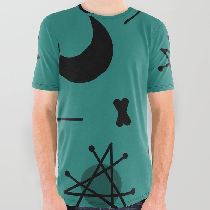 Moons & Stars Atomic Era Abstract Teal All Over Graphic Tee