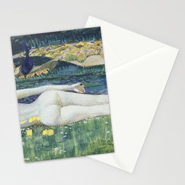Laying Nude; river with peacocks beautiful figurative nude portrait painting by Mikhail Aleksandrovich Vrubel Stationery Card