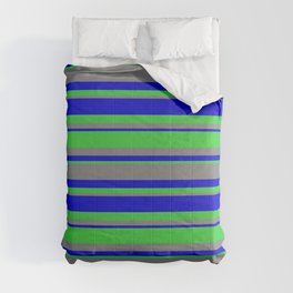 [ Thumbnail: Blue, Lime Green & Gray Colored Lined/Striped Pattern Comforter ]