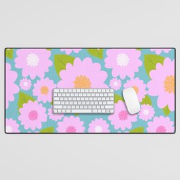Fun Pretty Pink Summer Garden Flowers On Turquoise Desk Mat