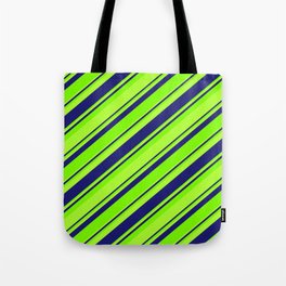 [ Thumbnail: Green, Light Green & Midnight Blue Colored Striped/Lined Pattern Tote Bag ]