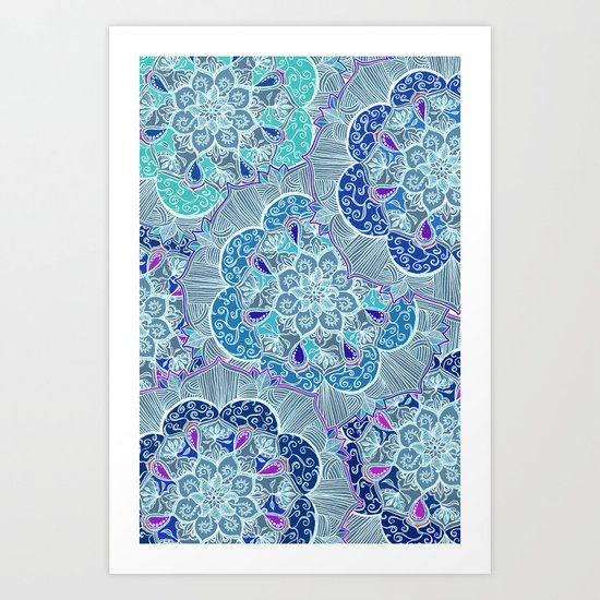 Living the Dream - doodle in white, royal blue, purple, teal Art Print