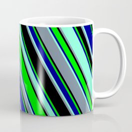 [ Thumbnail: Colorful Black, Lime, Dark Blue, Aquamarine, and Light Slate Gray Colored Lined Pattern Coffee Mug ]