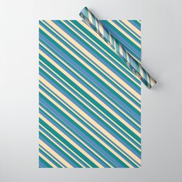 [ Thumbnail: Tan, Teal & Blue Colored Lines/Stripes Pattern Wrapping Paper ]
