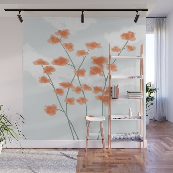 Peach Florals on the Blue Sky Wall Mural