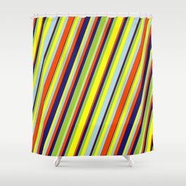 [ Thumbnail: Eye-catching Green, Yellow, Light Blue, Red & Midnight Blue Colored Lines/Stripes Pattern Shower Curtain ]