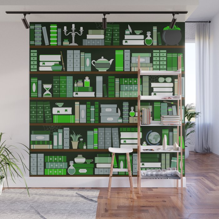 Book Case Pattern - Green and Grey Wall Mural