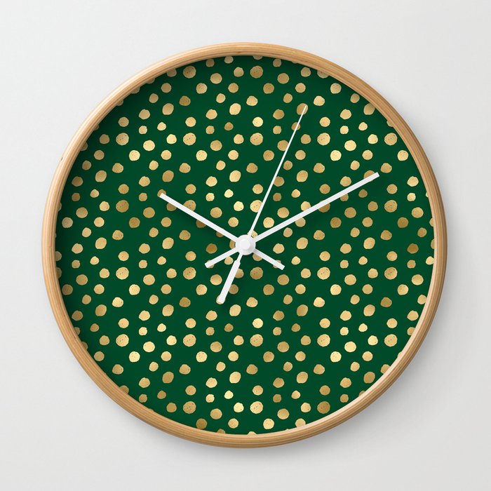 Emerald Green Gold Spots Pattern Wall Clock