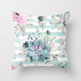 Succulent Garden Striped Succulent Blue Throw Pillow