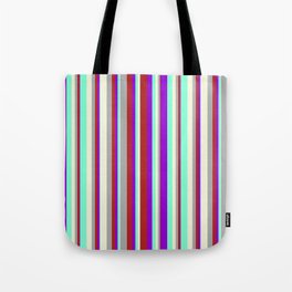 [ Thumbnail: Dark Violet, Red, Dark Grey, Beige & Aquamarine Colored Striped Pattern Tote Bag ]