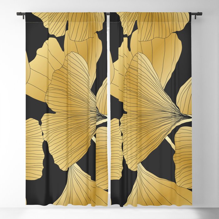 Abstract pattern with Luxury gold Ginkgo on dark background. Exotic botanical design, elegent, luxury, golden, sparkle, glitter background Blackout Curtain