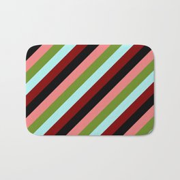 [ Thumbnail: Eyecatching Light Coral, Green, Turquoise, Maroon & Black Colored Striped/Lined Pattern Bath Mat ]