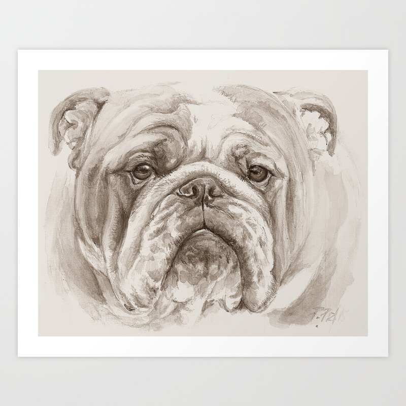 English Bulldog Face Black White Painting Art Print By Canisart Society6
