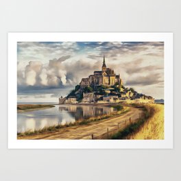 Mont Saint Michel castle painting, French island scenery, Normandy France nature, travel art poster Art Print