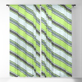 [ Thumbnail: Light Green, Dark Slate Gray, Light Cyan, and Black Colored Striped Pattern Sheer Curtain ]
