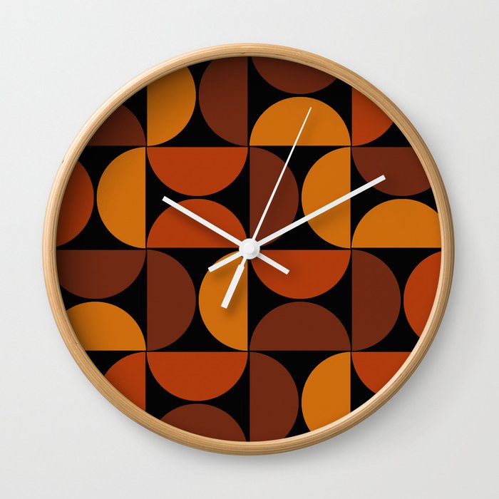 Mid century geometric pattern on black background 1 Wall Clock