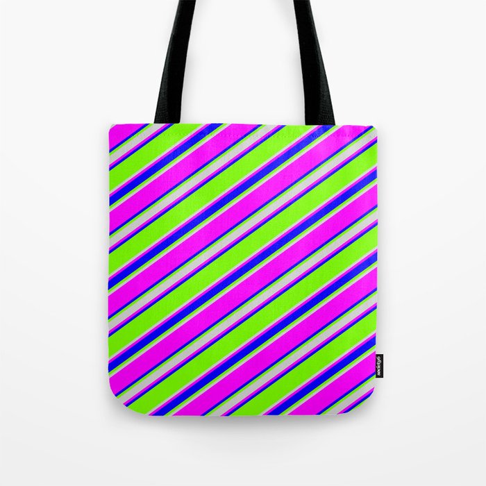 Green, Light Gray, Fuchsia & Blue Colored Stripes/Lines Pattern Tote Bag