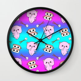 Cute funny Kawaii chibi little pink baby kittens, happy sweet cheerful sushi with shrimp on top, rice balls and chopsticks colorful rainbow pattern design. Wall Clock