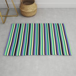 [ Thumbnail: Eye-catching Slate Blue, Black, Tan, Teal & Light Green Colored Stripes/Lines Pattern Rug ]
