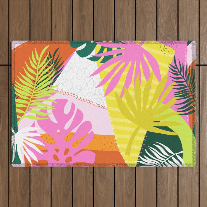 Palm Tree Leaves Contemporary Summer Collage Pink Green Orange Pattern Outdoor Rug