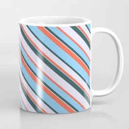 [ Thumbnail: Red, Light Sky Blue, Dark Slate Gray, and Lavender Colored Pattern of Stripes Coffee Mug ]