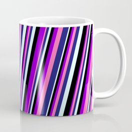 [ Thumbnail: Dark Violet, Hot Pink, Midnight Blue, Light Cyan & Black Colored Lined/Striped Pattern Coffee Mug ]