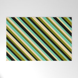 [ Thumbnail: Aquamarine, Tan, Green, and Black Colored Striped Pattern Welcome Mat ]