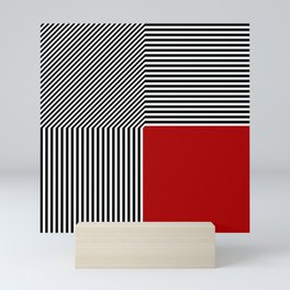 Geometric abstraction, black and white stripes, red square Mini Art Print