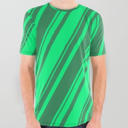 [ Thumbnail: Green & Sea Green Colored Striped Pattern All Over Graphic Tee ]