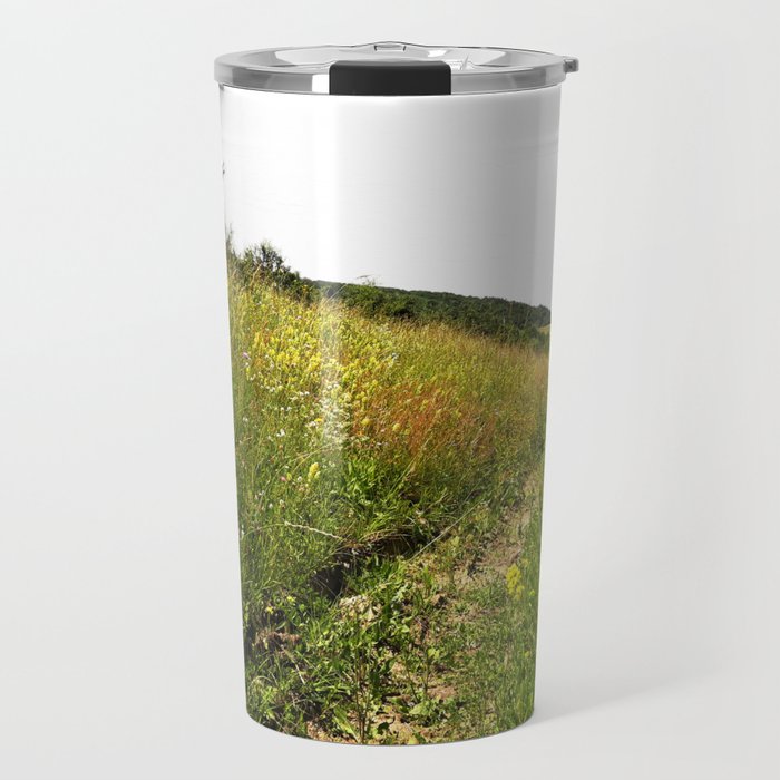 Trail through the rapeseed field summer countryside landscape Travel Mug