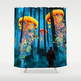 Electric Jellyfish Worlds in a New Blue Forest Shower Curtain