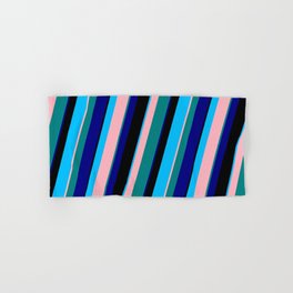 [ Thumbnail: Colorful Deep Sky Blue, Light Pink, Teal, Blue & Black Colored Lined Pattern Hand & Bath Towel ]