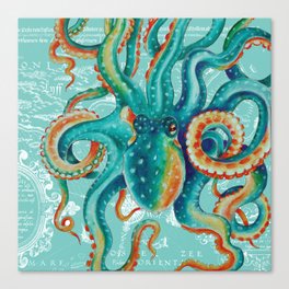 Teal Octopus On Light Teal Vintage Map Canvas Print